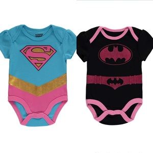 NWOT Set of Superwoman & Bat Woman Girl Onesies